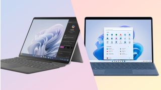 Surface Pro 10 vs Surface Pro 9 across a pastel background