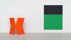 Ellsworth Kelly artworks from left: Gate, 1959 painted aluminum. Black Green, 1970 oil on canvas