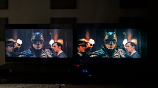 Samsung Qn85D and Hisense U7N with The Batman on screen