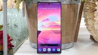 pixel 6 pro standing against basket with display on