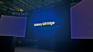 The Samsung Galaxy S25 Edge logo on stage at Samsung Unpacked 2025