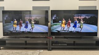 Samsung QN85D and Hisense U7N with dacne sequence from La La Land on screen