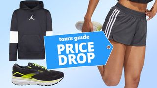 Price drop collage with adidas shorts, brooks running shoes, and jordan hoodie