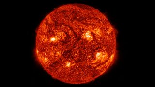 NASA Solar Dynamics Observatory image of the sun during strong solar flares in August 2022.