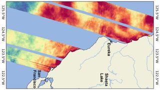 a map showing warm water off california&#039;s coast