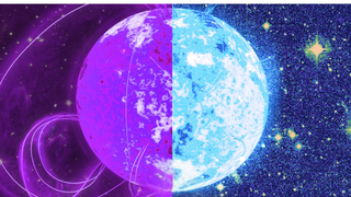 A half purple half blue glowing sphere