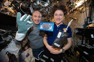 a man and a woman smile inside a space habitat, with a chocolate chip cookie enclosed in a case floating in front of them