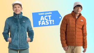 Two models standing against a colorful backfround wearing The North Face Aconcagua 3 fleece jackets