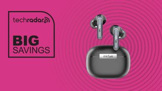 Earfun Air 2 earbuds and charging case on magenta background with words 'TechRadar: Big Savings' positioned on the left side of the image