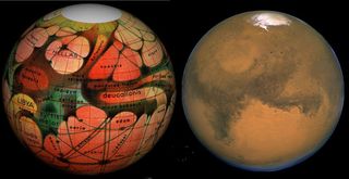 (Left) This 1894 map of Mars was prepared by Eugene Antoniadi and redrawn by Lowell Hess. (Right) A Hubble Space Telescope photo of Mars shows the modern view of our neighboring planet.