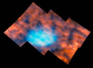 A image of a small area of Jupiter’s atmosphere, shaped like a jagged rectangle. The image is fuzzy and ranges from red to blue in colours, where bluer colours show lower altitudes in Jupiter’s atmosphere, and redder colours show higher altitudes. The image is centred on the Great Red Spot, which stands out as a blue circle