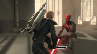 An image of Darth Maul fighting Pre Vizsla in Star Wars: The Clone Wars.