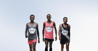 Lelisa Desisa (left), Eliud Kipchoge (center) and Zersenay Tadese (right) are the three athletes who will try to run a marathon in less than 2 hours as part of Nike's Breaking2 project.