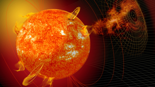 illustration of a fiery orange sun erupting with multiple big solar storms.