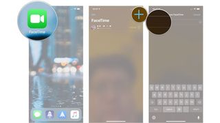 Steps to make a FaceTime call on iPhone or iPad, showing how to open FaceTime, tap the + button, then type in a name, email address, or phone number