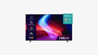 The Hisense A6K TV on a grey background. The screen shows blue and red light streaks, the Hisense logo, the legend 'UHD 4K' and a sidebar of graphics explaining some of its technologies.