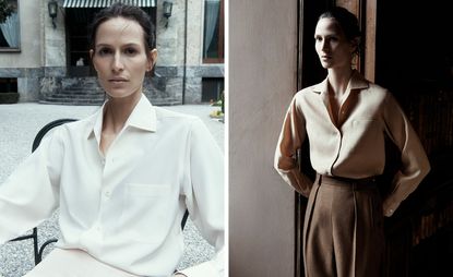 Two images side by side of woman in Loro Piana linen shirtLoro Piana 