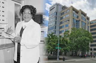 two images side by side: one of mary jackson in a lab coat, and the other of a building seen from a corner view