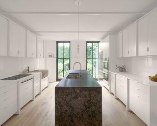 kitchen inside the house called Stick House, Brick Garden