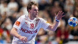 Mathias Gidsel of Denmark controls the ball during the Men's EHF Euro 2024