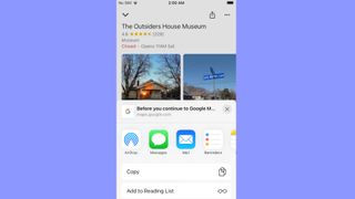 How to share a Google Maps location on iOS step 3: Select an app for sharing through, or copy to clipboard