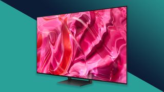 Samsung S90C TV showing a pink swirling image on a shadowy background