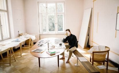 Artist Cyprien Gaillard photographed in his Berlin studio surrounded by inspirational material for his new show ‘Humpty \ Dumpty’ at Palais de Tokyo and Lafayette Anticipations