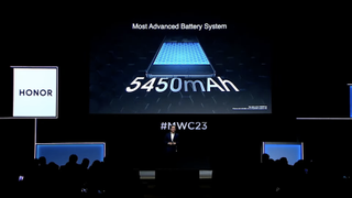 A screenshot of Honor&#039;s MWC 2023 presentation, showing how its new silicon-carbon battery could fit 5,450 mAh of capacity in the same space as the 5,100 mAh battery in the Magic5 Pro