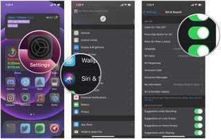 How to enable Siri in the Settings app on iPhone by showing: Launch Settings, tap Siri & Search, and tap the toggles on Listen for Hey Siri, Press Side/Home button for Siri, and Allow Siri when Locked