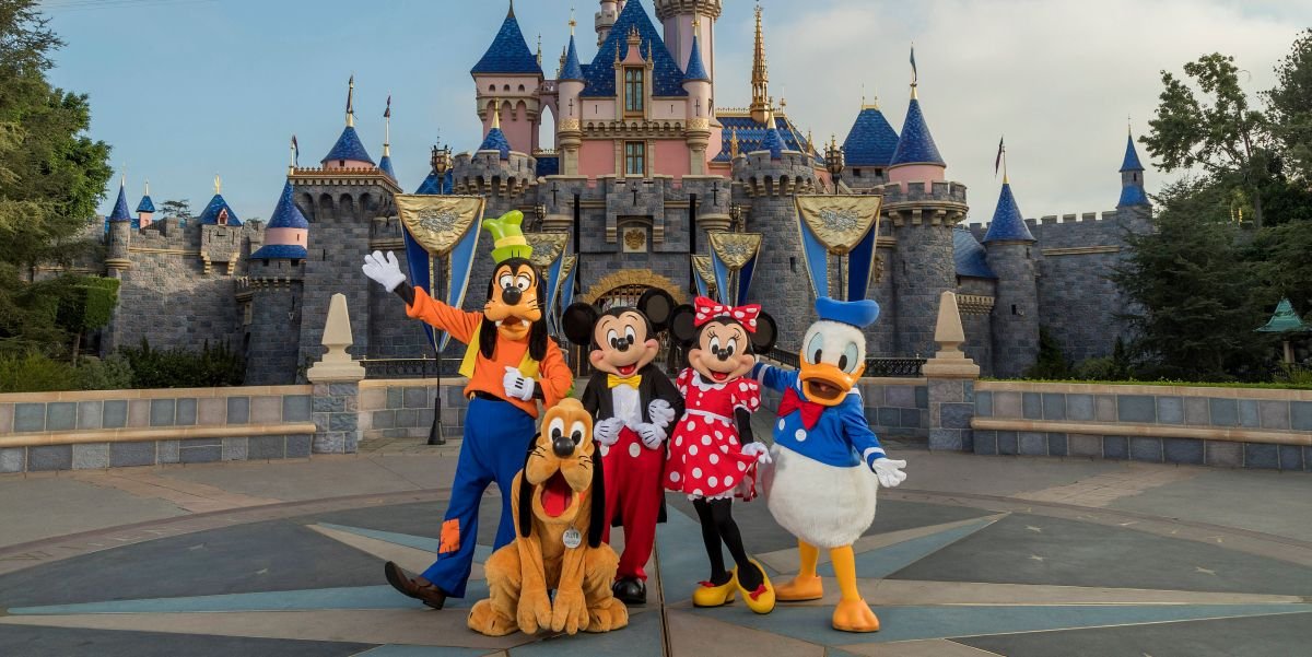 Mickey Mouse and other costumed characters in front of Sleeping Beauty&#039;s Castle at Disneyland