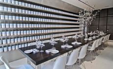 Cafeteria with grey table and chairs