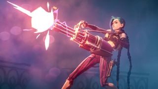 Jinx (voiced by Ella Purnell), firing a rocket, in Arcane