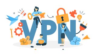 An illustration, containing gears, a puzzle piece, lightbuld, and wrench, and three people (holding a key, laptop, and padlock), surrounding the &quot;VPN&quot; abbreviation.