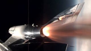 a spaceplane with orange fire jetting out the back