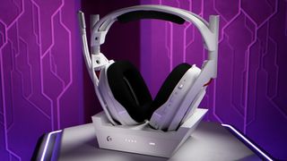 Logitech G Astro A50 gaming headset in white, purple background