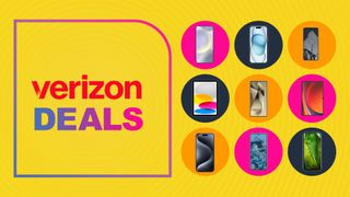 Verizon logo on yellow background with assorted phones collage
