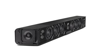 An illustration of the Sennheiser Ambeo Soundbar Max without its speaker cover, with the many drivers exposed