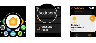 How to control HomeKit lighting in the Home app on the Apple Watch by showing steps: Launch the Home app, Tap the Room that includes your light, Tap the Ellipsis icon.
