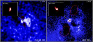 An image of the erupting supermassive black holes seen in x-rays and radiowaves.