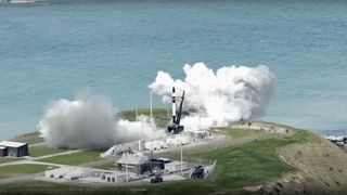 A Rocket Lab Electron vehicle stands on the pad just after a last-second launch abort on Sept. 18, 2024.