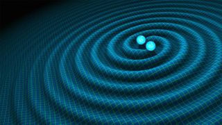 Graphic illustration of Einstein's theory of general relativity showing two spheres in close proximity and a series of ripples emanating from them.