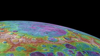A rendered photo of Mercury with rainbow colors across its surface