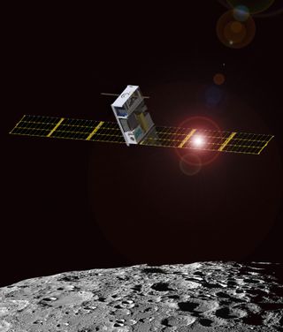 An illustration of a satellite above the moon.