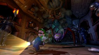 Luigi being chased by a giant spider in Luigi's Mansion 2 HD.