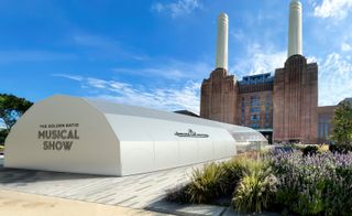 exterior of Battersea power station with tent for The Golden Ratio Musical Show