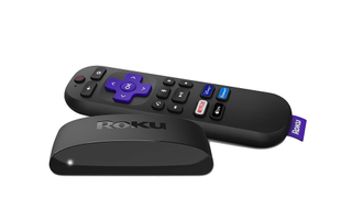 The Roku Express 4K Plus and remote on a white background