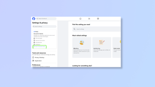 Screenshot of the Facebook website's Settings page with a box highlighting the Accounts centre. 