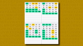 Quordle Daily Sequence answers for game 897 on a yellow background