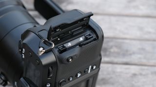 Close up of a Fujifilm GFX 100S II camera SD card slots