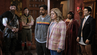 Thorfinn (Devan Chandler Long), Pete (Richie Moriarty), Jay (Utkarsh Ambudkar), Samantha (Rose McIver), Alberta (Danielle Pinnock) and Trevor (Asher Grodman) in Ghosts season 3